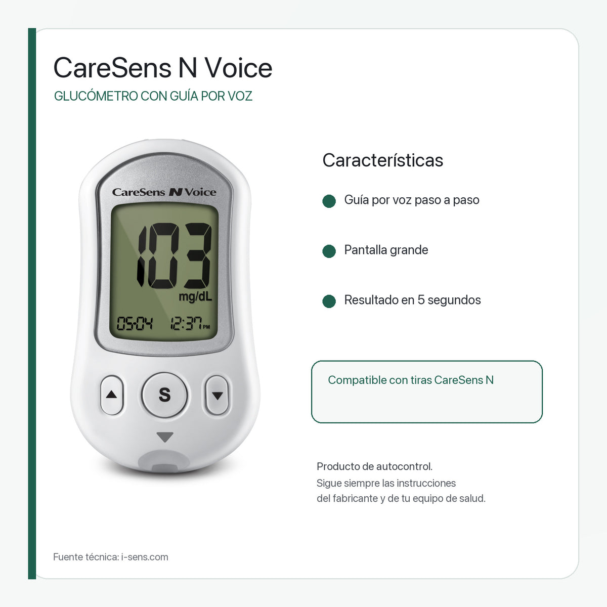 Glucómetro CareSens N Voice con Guía por Voz y Pantalla Grande