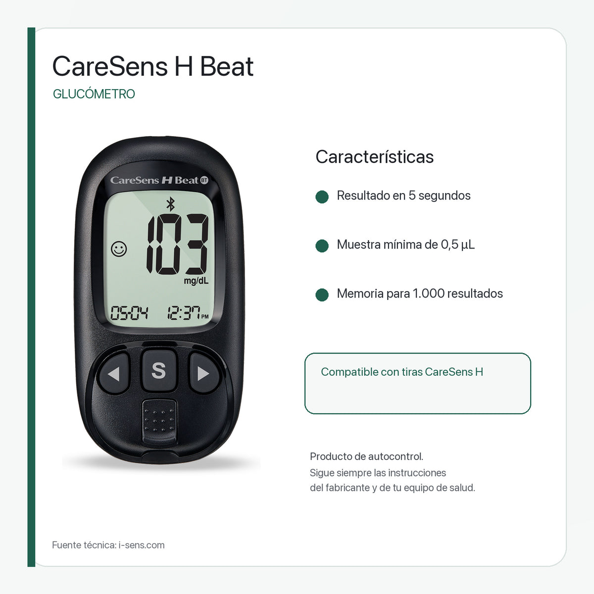 Glucómetro CareSens H Beat con Pantalla Clara y Eyector de Tira