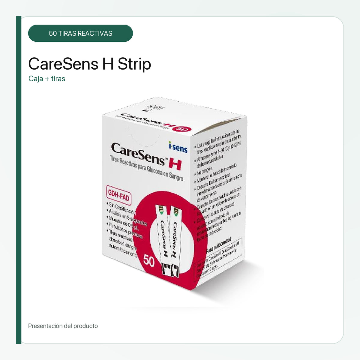 Tiras Reactivas CareSens H para Glucómetro H Beat – 50 Unidades